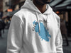 White hoodie with blue Georgian Bay, Ontario map and compass design.