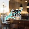 Icaria Life decal with turquoise lake graphic and copyright text.