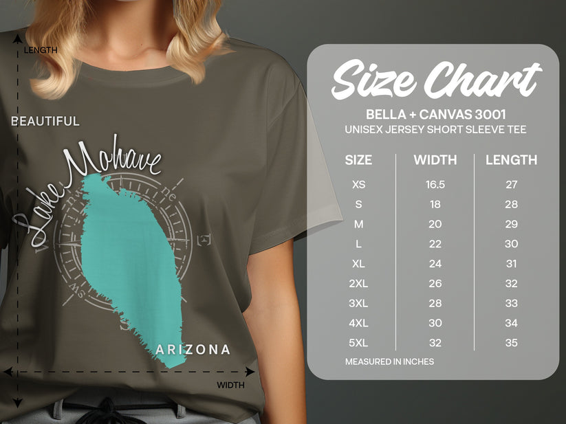 T-shirt size chart for Bella + Canvas 3001 with Lake Mohave graphic.