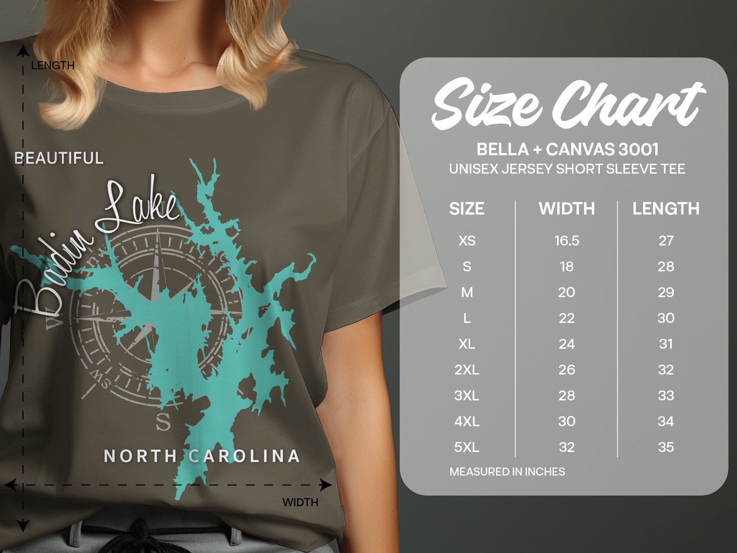 T-shirt size chart for Bella + Canvas 3001 unisex jersey short sleeve tee.