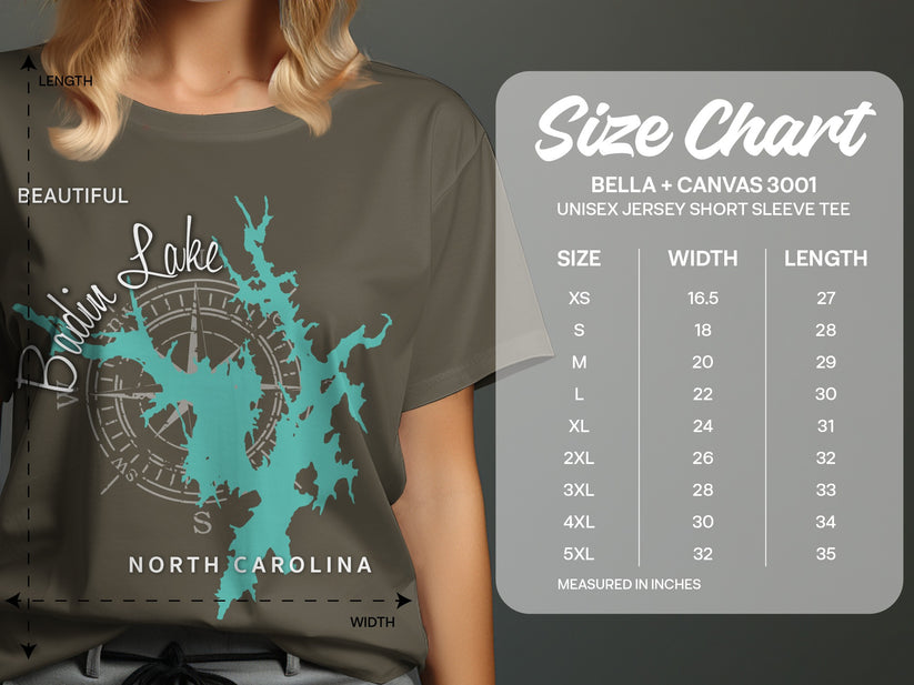 T-shirt size chart for Bella + Canvas 3001 unisex jersey short sleeve tee.