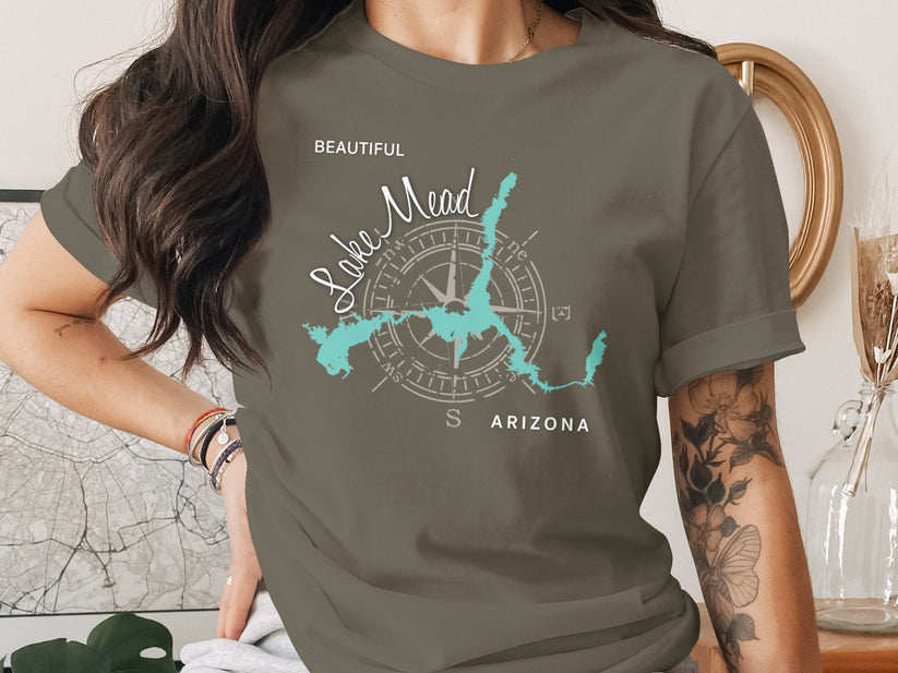 T-shirt featuring a compass rose and Lake Mead map graphic with "Arizona" text.