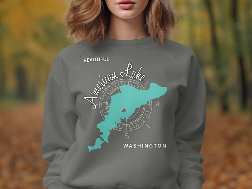 Gray sweatshirt with map of American Lake, Washington and compass graphic.