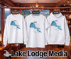 White sweatshirt, t-shirt, and hoodie featuring Clear Lake, California map and compass design.