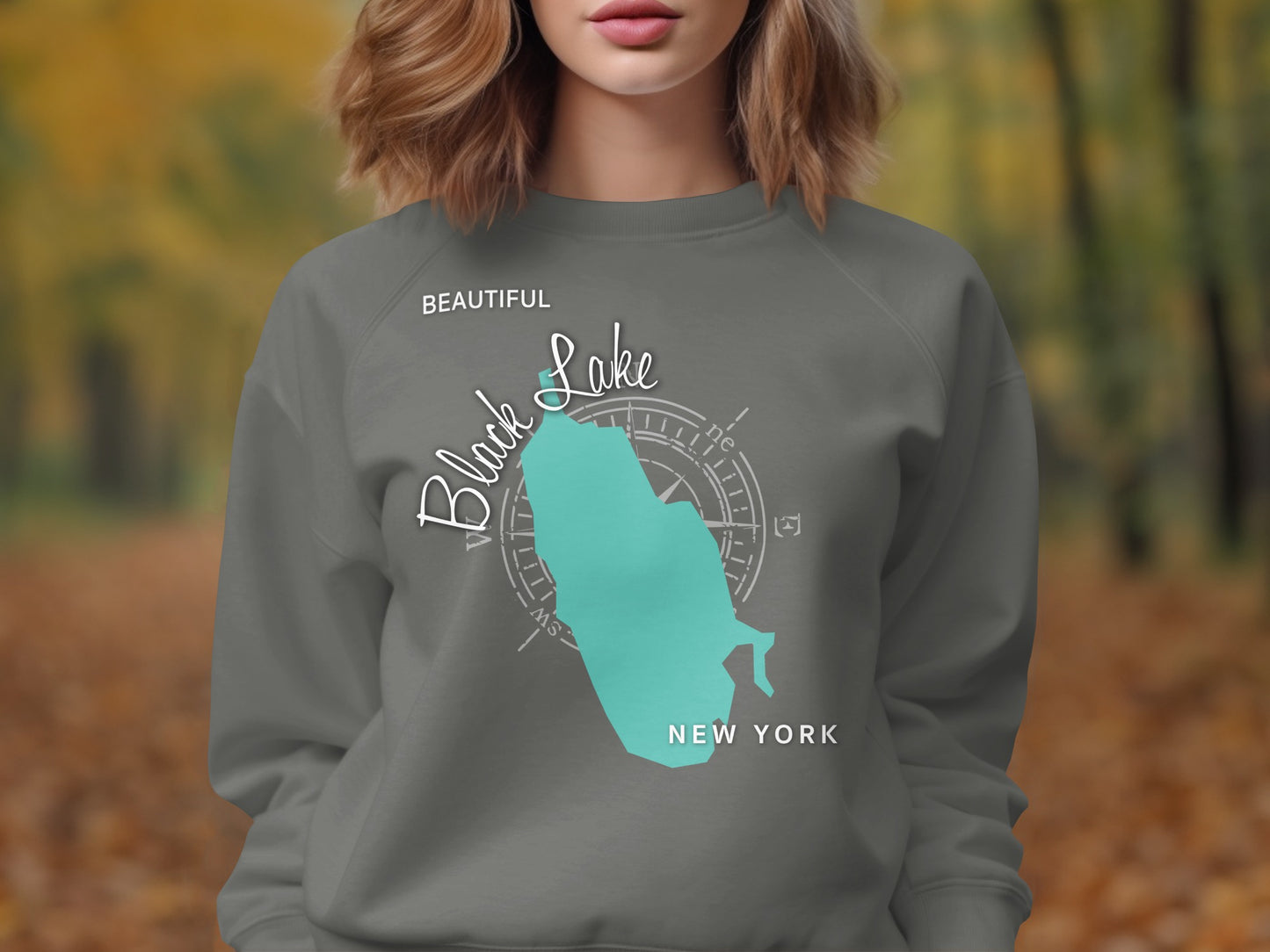 Gray sweatshirt with Black Lake New York map graphic and compass rose.