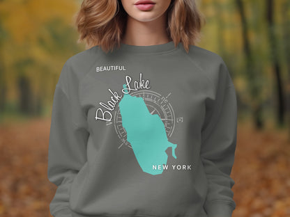 Gray sweatshirt with Black Lake New York map graphic and compass rose.