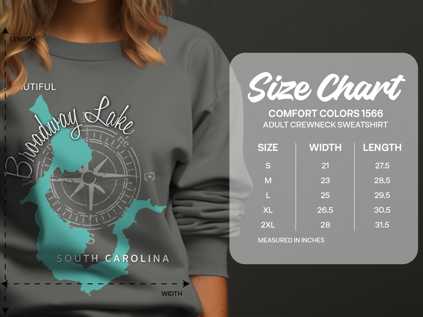 Crewneck sweatshirt size chart with measurements for South Carolina lake graphic.