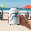White can cooler with Arcadia Lake Oklahoma map design on sandy beach background.
