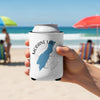 White can koozie with a blue outline of Moraine Lake, Alberta, and a compass.