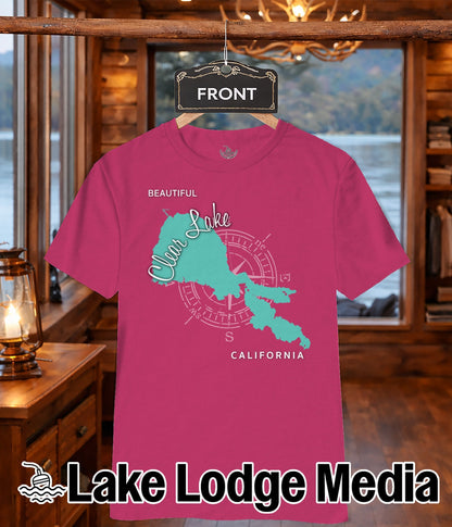Pink t-shirt with Clear Lake, California map and compass design.