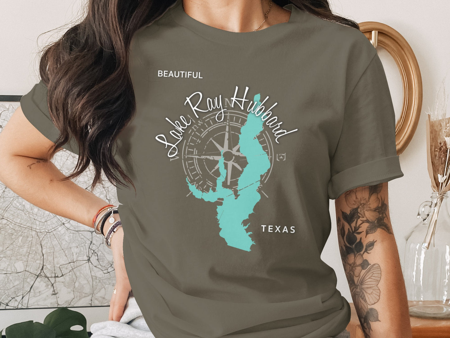 T-shirt featuring a compass rose and map outline of Lake Ray Hubbard, Texas.