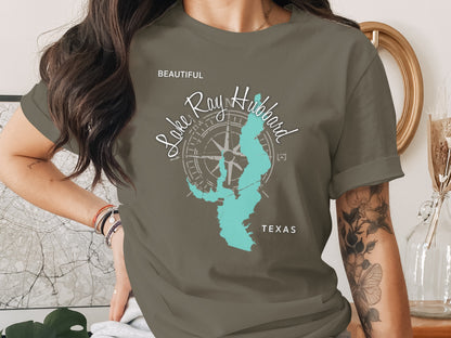 T-shirt featuring a compass rose and map outline of Lake Ray Hubbard, Texas.