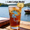 Iced tea in a glass with Lake Blue Ridge design and lemon slice.