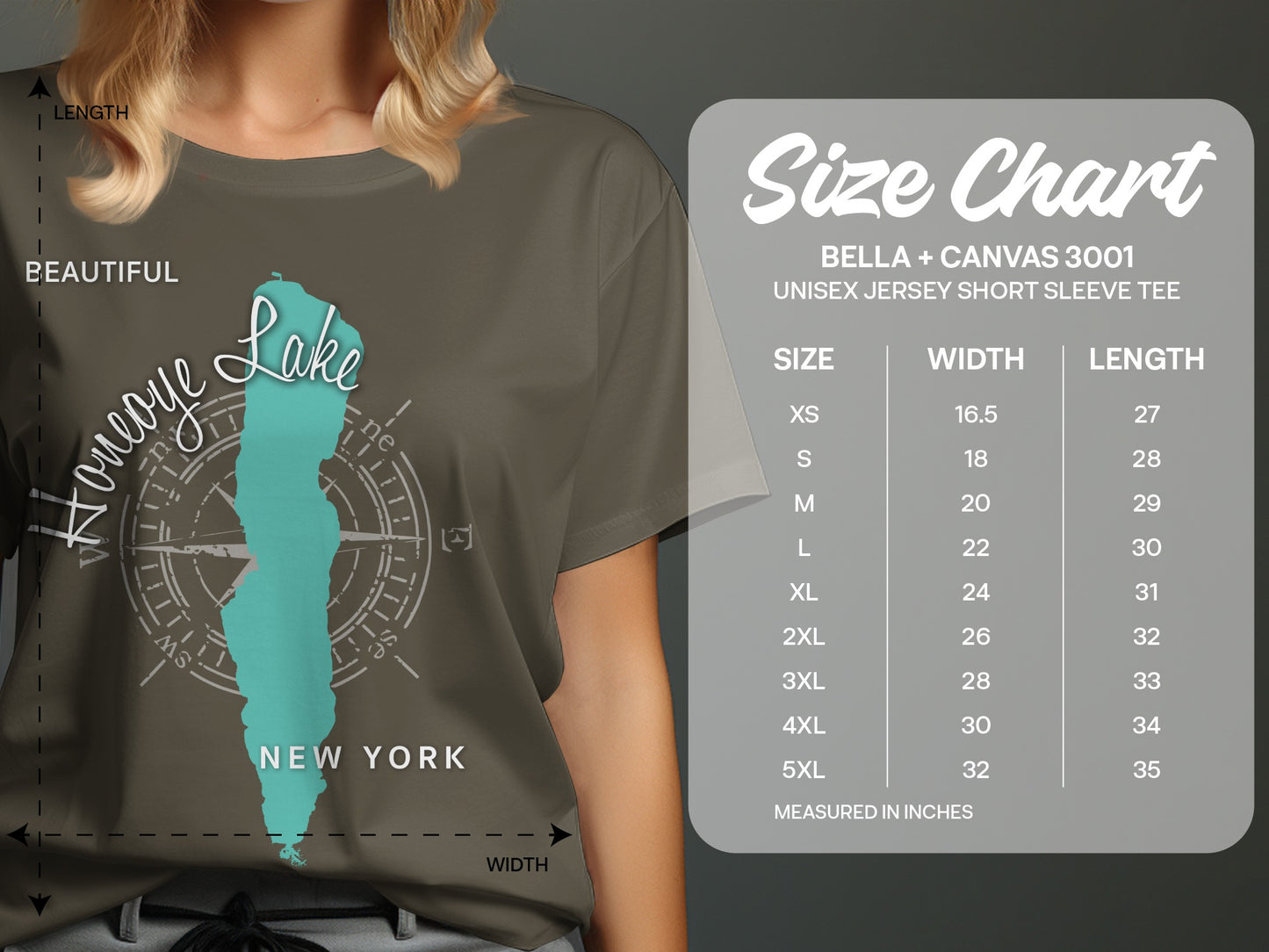 T-shirt size chart for Bella + Canvas 3001 with Honeoye Lake graphic.