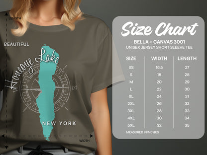 T-shirt size chart for Bella + Canvas 3001 with Honeoye Lake graphic.