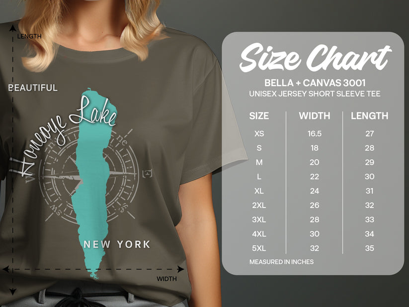 T-shirt size chart for Bella + Canvas 3001 with Honeoye Lake graphic.