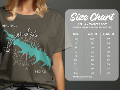 Grapevine Lake Texas map graphic on a t-shirt with a size chart.