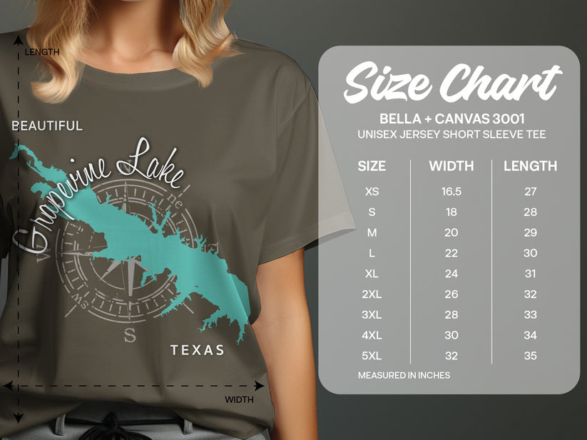 Grapevine Lake Texas map graphic on a t-shirt with a size chart.