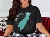 Black t-shirt with Moraine Lake silhouette, compass, and Alberta text.