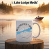 White mug with Huntington Lake California map and compass design.