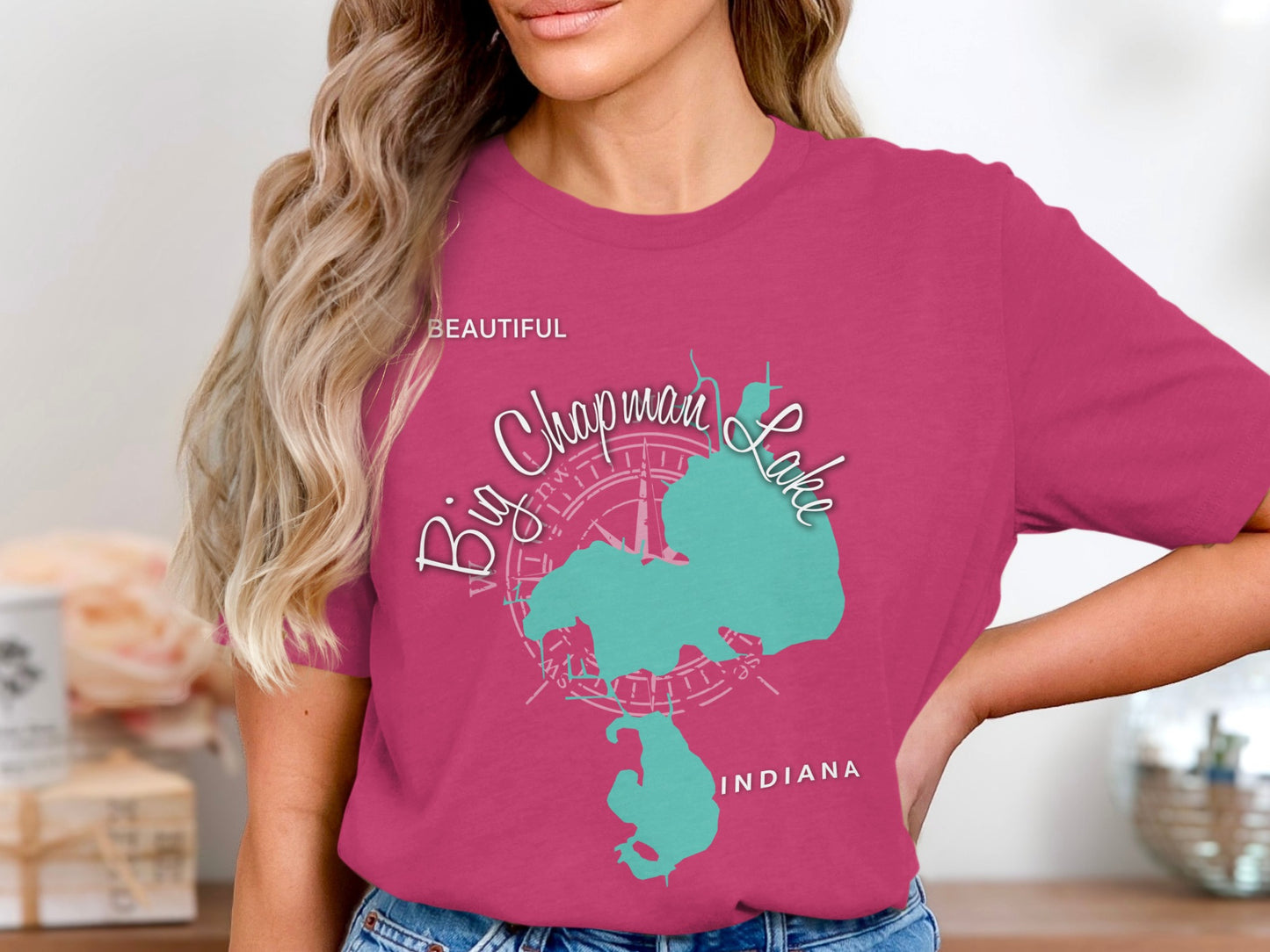 Pink t-shirt with "Big Chapman Lake Indiana" map graphic and compass rose.