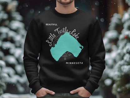 Black sweatshirt with a teal map outline of Little Turtle Lake, Minnesota.