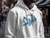 White hoodie with a blue Lake Arrowhead California map graphic and compass rose.