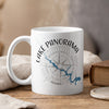 White mug with Lake Panorama Iowa map and compass design, steaming.