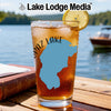 Tall glass of iced tea with lemon slice and Spaz Lake map graphic.