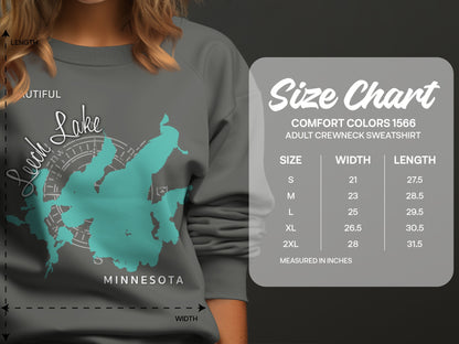Crewneck sweatshirt size chart with measurements for Leech Lake, Minnesota.