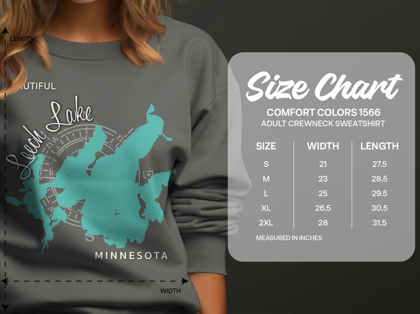 Crewneck sweatshirt size chart with measurements for Leech Lake, Minnesota.
