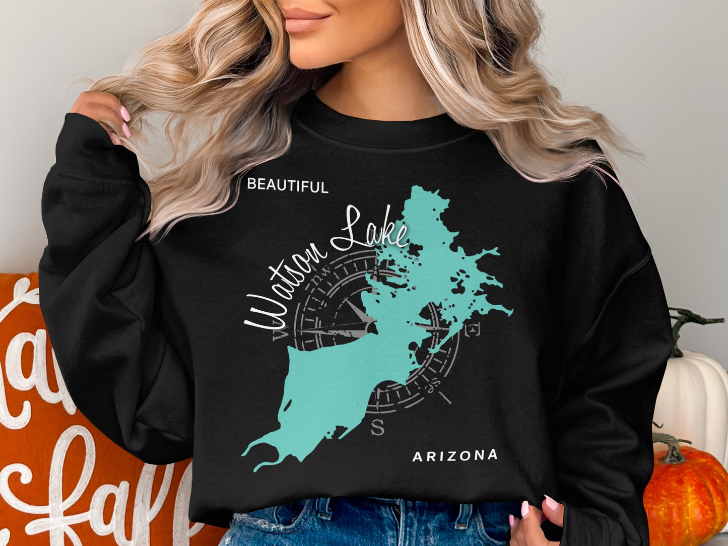 Black sweatshirt featuring "Beautiful Watson Lake Arizona" map and compass graphic.