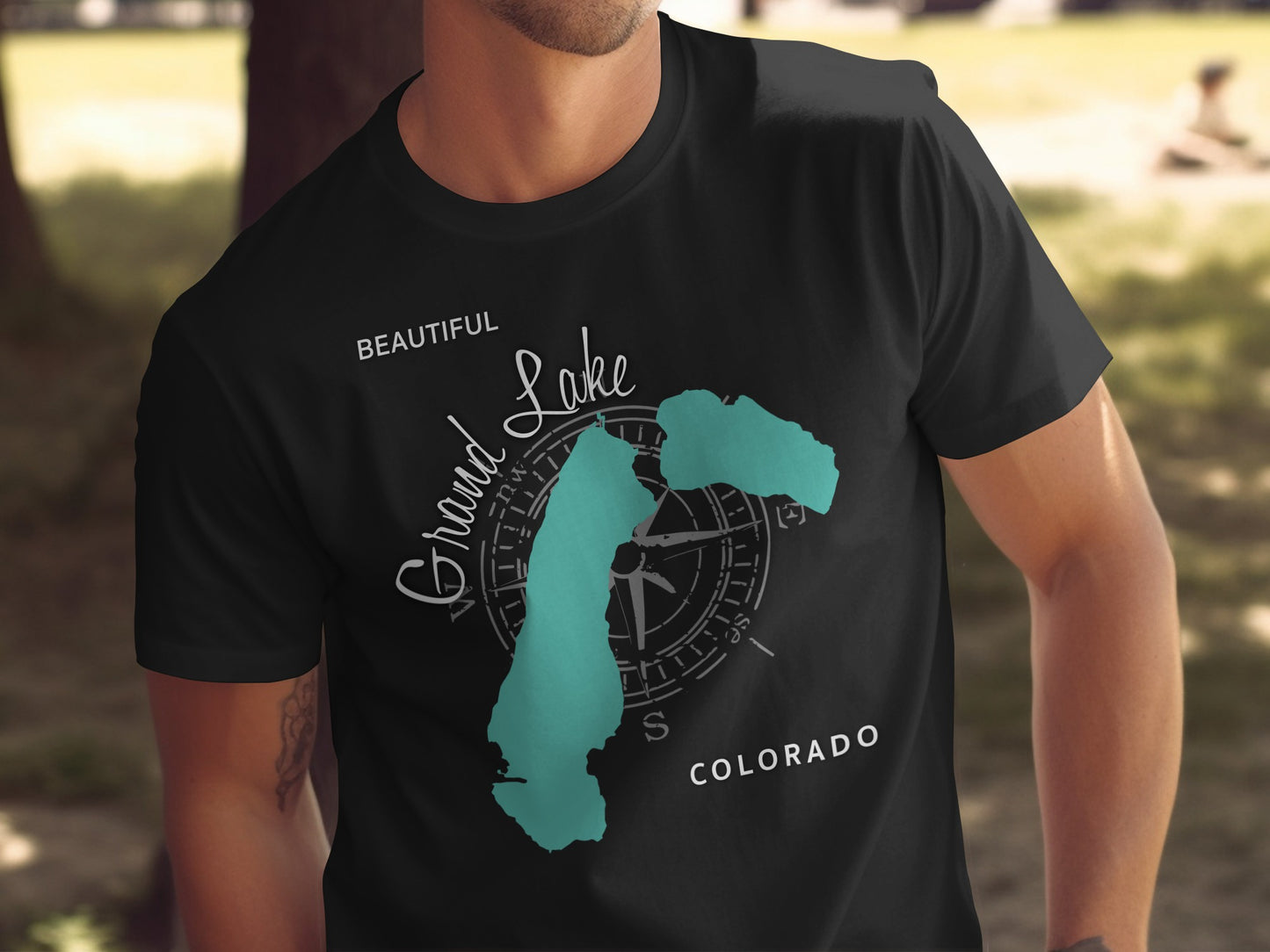 Black t-shirt with teal Grand Lake map and compass graphic.