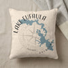 Throw pillow with Lake Eufaula, Oklahoma map design and compass rose graphic.