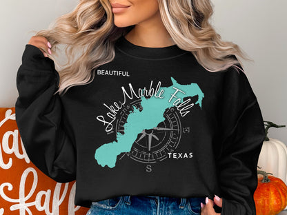 Black sweatshirt with Lake Marble Falls Texas map and compass graphic.