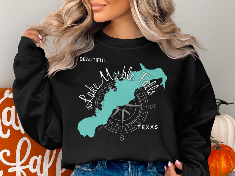 Black sweatshirt with Lake Marble Falls Texas map and compass graphic.