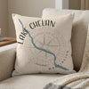 Light beige pillow with "Lake Chelan Washington" text and a blue lake outline over compass rose.