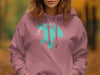 Pink hoodie with turquoise Lake Huron map and text.