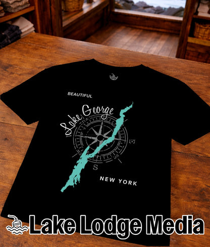 Black t-shirt featuring a compass rose graphic and "Lake George New York" text.