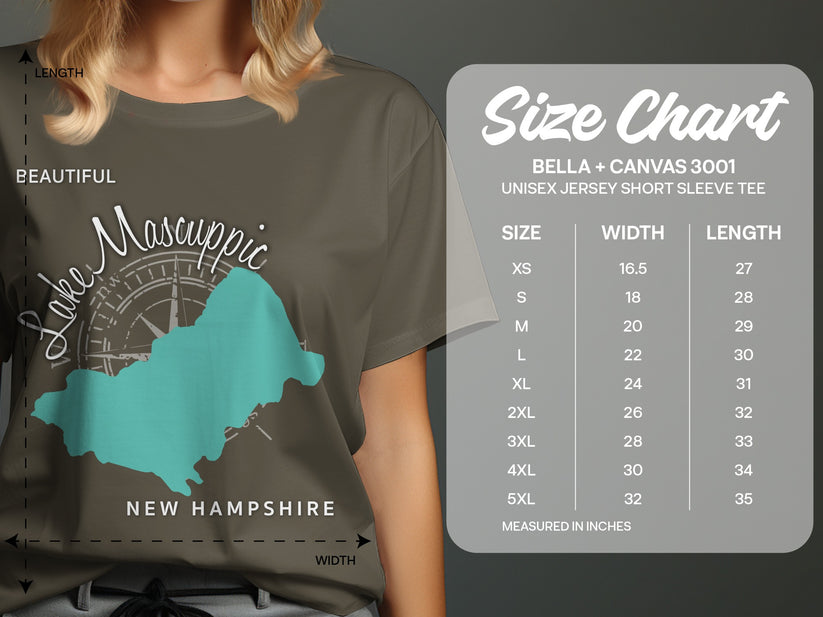 T-shirt with "Lake Mascuppic New Hampshire" graphic and size chart.