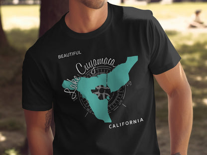 Black t-shirt with a teal graphic of Lake Cuyamaca and compass rose.