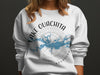 White sweatshirt with Lake Ouachita Arkansas map and compass graphic.