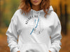 White hoodie featuring a Keuka Lake compass and New York text graphic.