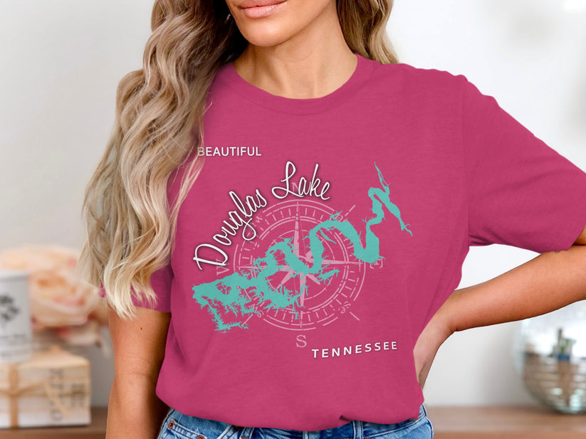 Douglas Lake Tennessee compass rose and lake outline graphic on pink t-shirt.