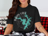 Black t-shirt with Badin Lake, North Carolina map and compass graphic.