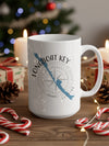 White mug featuring Longboat Key Florida compass design and holiday decorations.