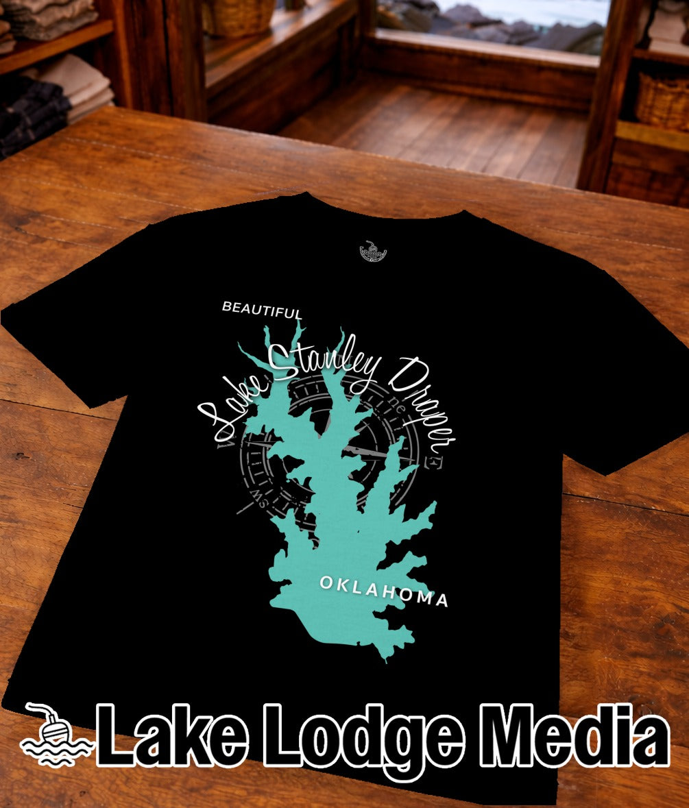Black t-shirt featuring a teal map of Lake Draper, Oklahoma.