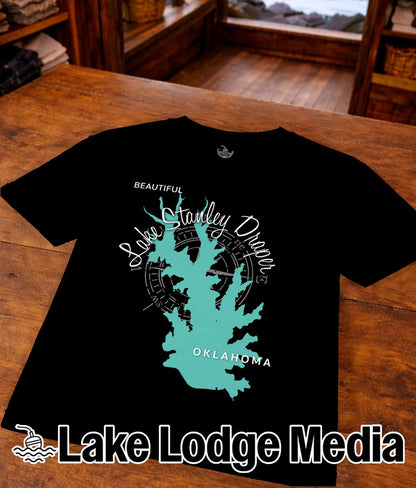 Black t-shirt featuring a teal map of Lake Draper, Oklahoma.