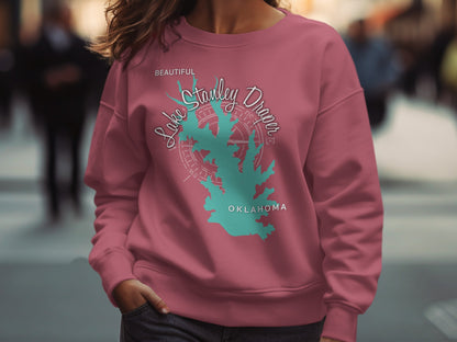Lake Stanley Draper Oklahoma map design on a pink sweatshirt.