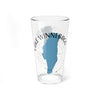 Clear glass pint glass with blue Lake Winnebago map and compass design.